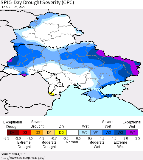 Ukraine, Moldova and Belarus SPI 5-Day Drought Severity (CPC) Thematic Map For 2/21/2020 - 2/25/2020