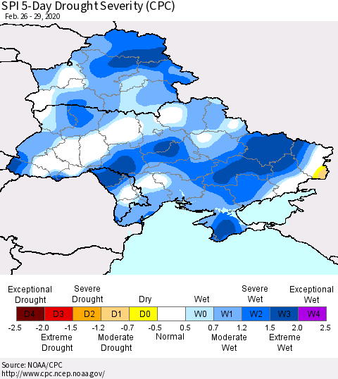 Ukraine, Moldova and Belarus SPI 5-Day Drought Severity (CPC) Thematic Map For 2/26/2020 - 2/29/2020