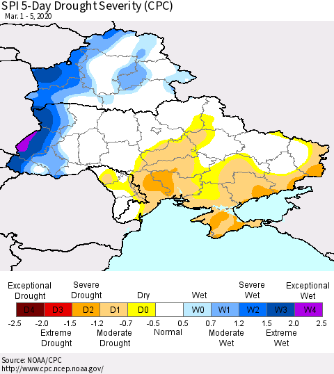 Ukraine, Moldova and Belarus SPI 5-Day Drought Severity (CPC) Thematic Map For 3/1/2020 - 3/5/2020