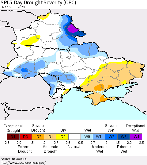 Ukraine, Moldova and Belarus SPI 5-Day Drought Severity (CPC) Thematic Map For 3/6/2020 - 3/10/2020