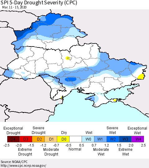 Ukraine, Moldova and Belarus SPI 5-Day Drought Severity (CPC) Thematic Map For 3/11/2020 - 3/15/2020