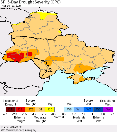 Ukraine, Moldova and Belarus SPI 5-Day Drought Severity (CPC) Thematic Map For 3/16/2020 - 3/20/2020
