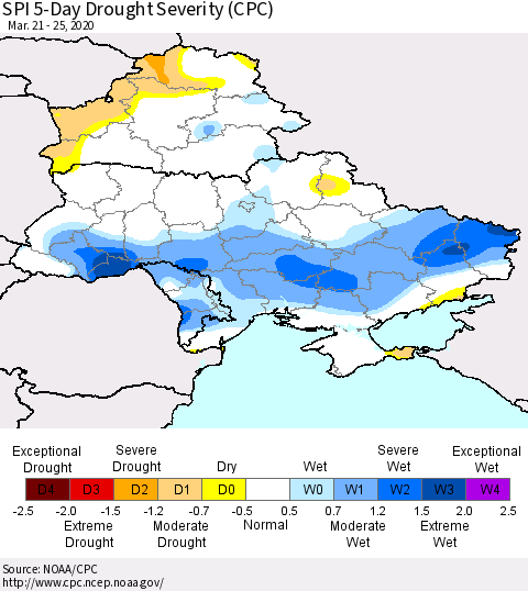 Ukraine, Moldova and Belarus SPI 5-Day Drought Severity (CPC) Thematic Map For 3/21/2020 - 3/25/2020