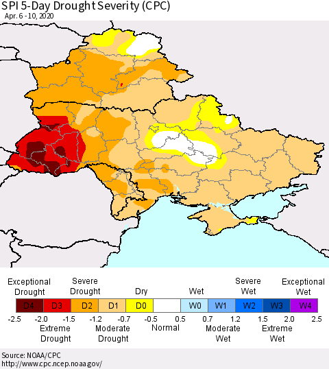 Ukraine, Moldova and Belarus SPI 5-Day Drought Severity (CPC) Thematic Map For 4/6/2020 - 4/10/2020