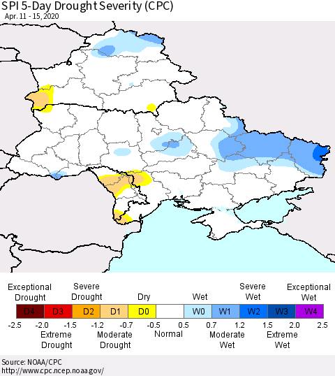Ukraine, Moldova and Belarus SPI 5-Day Drought Severity (CPC) Thematic Map For 4/11/2020 - 4/15/2020