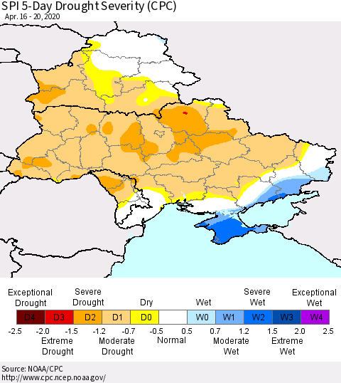 Ukraine, Moldova and Belarus SPI 5-Day Drought Severity (CPC) Thematic Map For 4/16/2020 - 4/20/2020
