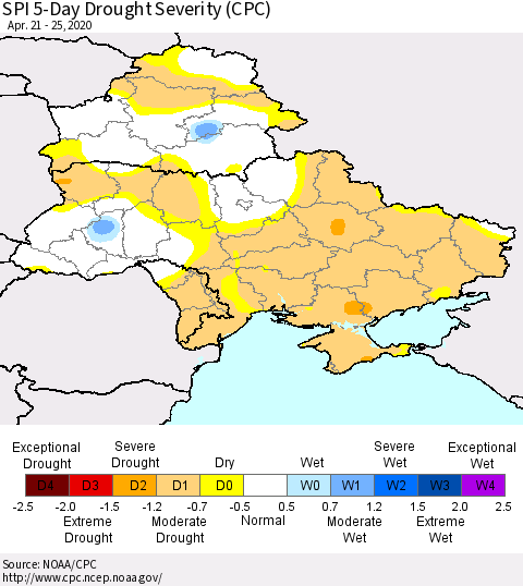 Ukraine, Moldova and Belarus SPI 5-Day Drought Severity (CPC) Thematic Map For 4/21/2020 - 4/25/2020