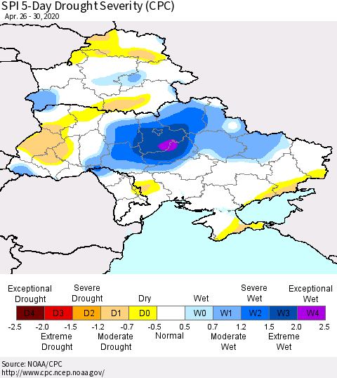 Ukraine, Moldova and Belarus SPI 5-Day Drought Severity (CPC) Thematic Map For 4/26/2020 - 4/30/2020