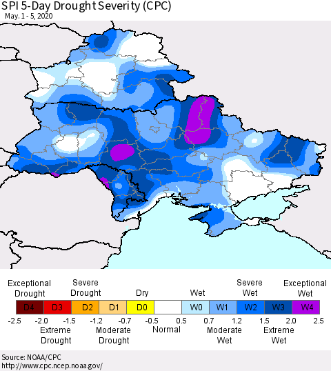 Ukraine, Moldova and Belarus SPI 5-Day Drought Severity (CPC) Thematic Map For 5/1/2020 - 5/5/2020