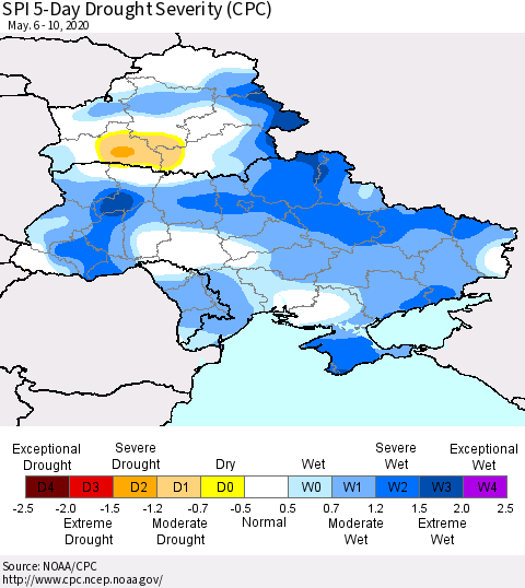 Ukraine, Moldova and Belarus SPI 5-Day Drought Severity (CPC) Thematic Map For 5/6/2020 - 5/10/2020