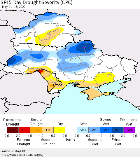 Ukraine, Moldova and Belarus SPI 5-Day Drought Severity (CPC) Thematic Map For 5/11/2020 - 5/15/2020