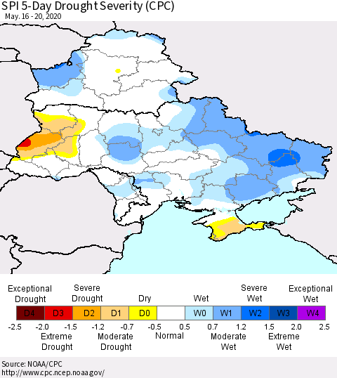 Ukraine, Moldova and Belarus SPI 5-Day Drought Severity (CPC) Thematic Map For 5/16/2020 - 5/20/2020