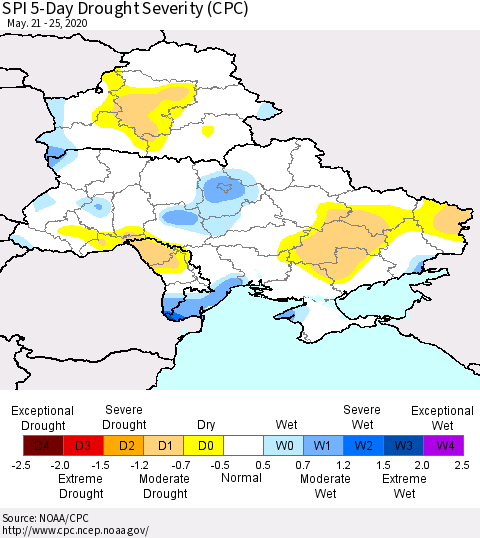 Ukraine, Moldova and Belarus SPI 5-Day Drought Severity (CPC) Thematic Map For 5/21/2020 - 5/25/2020