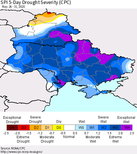 Ukraine, Moldova and Belarus SPI 5-Day Drought Severity (CPC) Thematic Map For 5/26/2020 - 5/31/2020