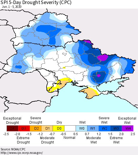 Ukraine, Moldova and Belarus SPI 5-Day Drought Severity (CPC) Thematic Map For 6/1/2020 - 6/5/2020