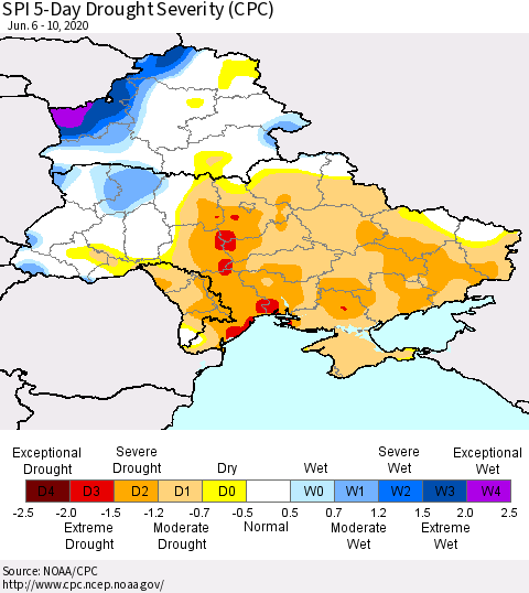 Ukraine, Moldova and Belarus SPI 5-Day Drought Severity (CPC) Thematic Map For 6/6/2020 - 6/10/2020
