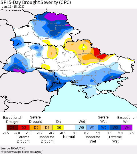 Ukraine, Moldova and Belarus SPI 5-Day Drought Severity (CPC) Thematic Map For 6/11/2020 - 6/15/2020