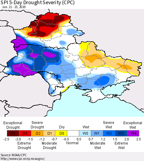 Ukraine, Moldova and Belarus SPI 5-Day Drought Severity (CPC) Thematic Map For 6/21/2020 - 6/25/2020
