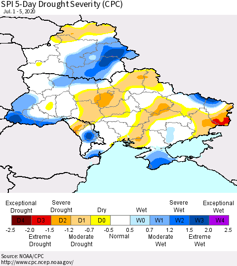 Ukraine, Moldova and Belarus SPI 5-Day Drought Severity (CPC) Thematic Map For 7/1/2020 - 7/5/2020