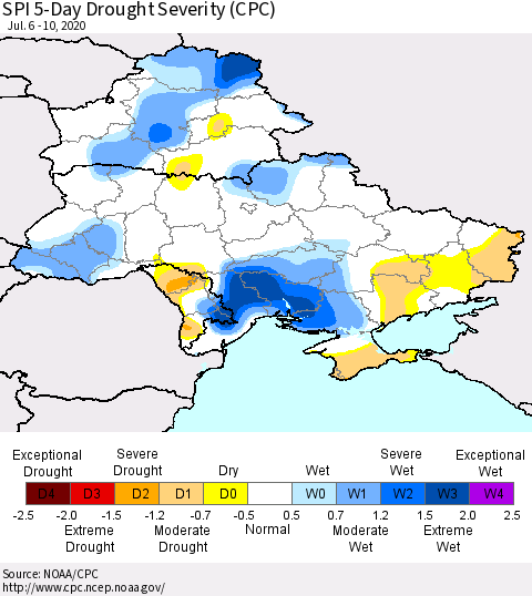 Ukraine, Moldova and Belarus SPI 5-Day Drought Severity (CPC) Thematic Map For 7/6/2020 - 7/10/2020