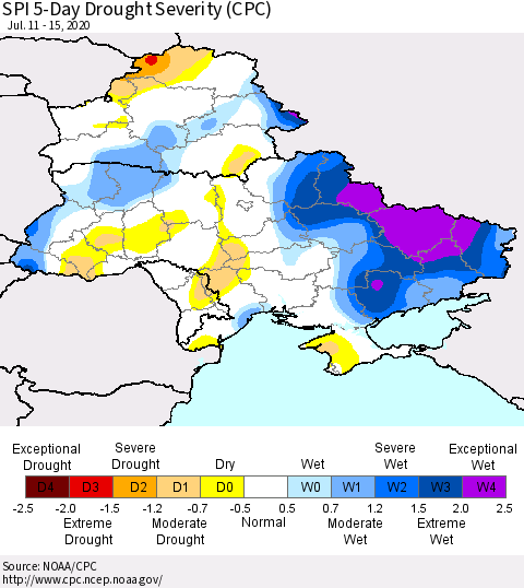 Ukraine, Moldova and Belarus SPI 5-Day Drought Severity (CPC) Thematic Map For 7/11/2020 - 7/15/2020