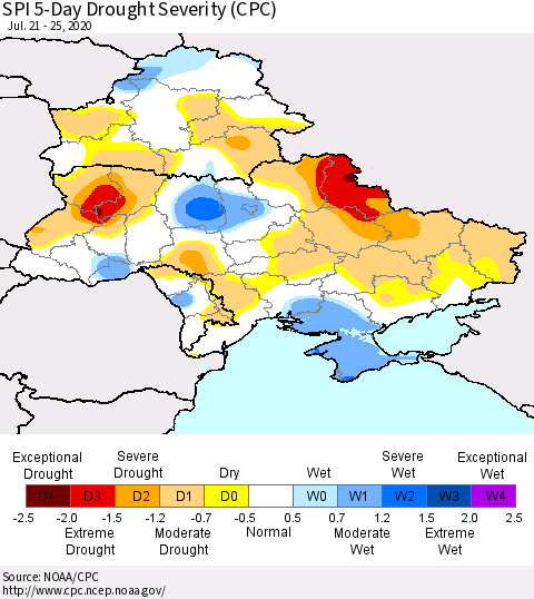 Ukraine, Moldova and Belarus SPI 5-Day Drought Severity (CPC) Thematic Map For 7/21/2020 - 7/25/2020