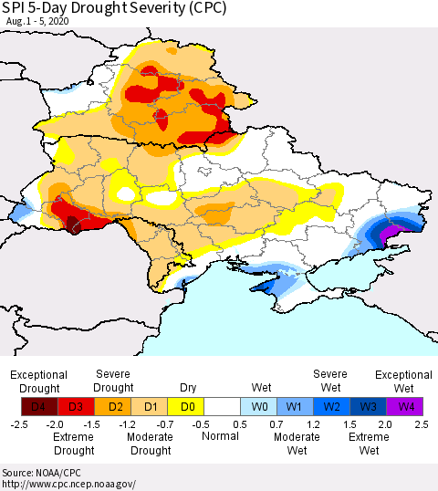 Ukraine, Moldova and Belarus SPI 5-Day Drought Severity (CPC) Thematic Map For 8/1/2020 - 8/5/2020