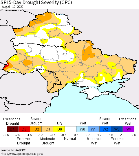 Ukraine, Moldova and Belarus SPI 5-Day Drought Severity (CPC) Thematic Map For 8/6/2020 - 8/10/2020
