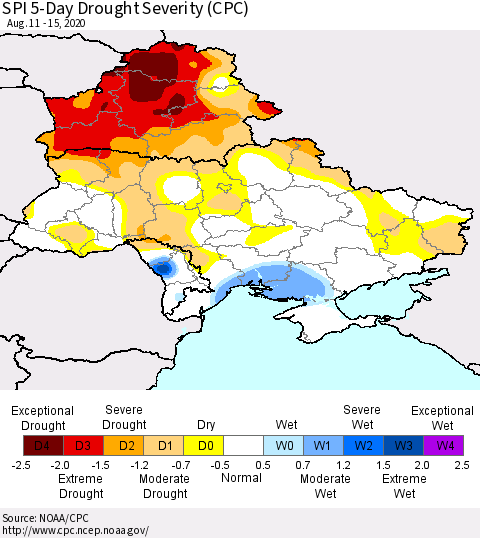 Ukraine, Moldova and Belarus SPI 5-Day Drought Severity (CPC) Thematic Map For 8/11/2020 - 8/15/2020