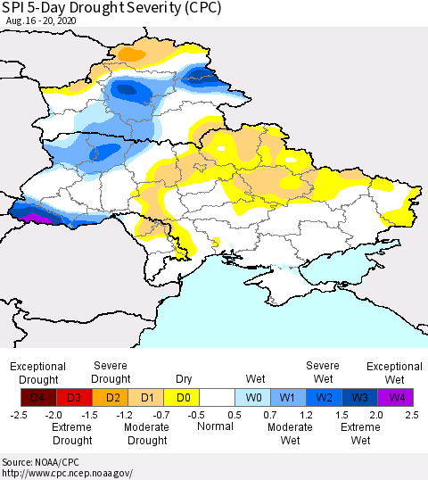 Ukraine, Moldova and Belarus SPI 5-Day Drought Severity (CPC) Thematic Map For 8/16/2020 - 8/20/2020