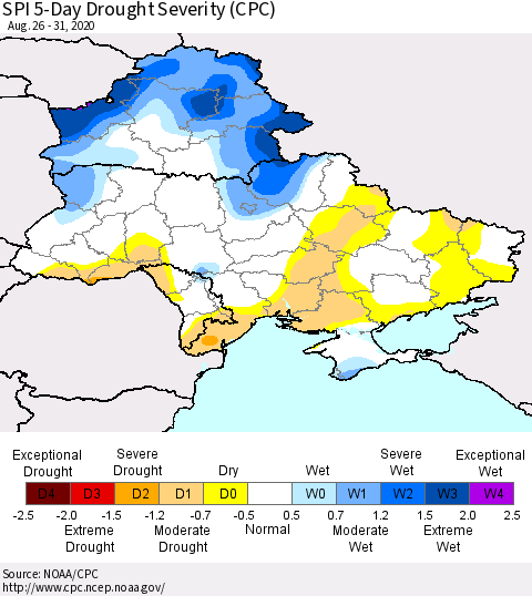 Ukraine, Moldova and Belarus SPI 5-Day Drought Severity (CPC) Thematic Map For 8/26/2020 - 8/31/2020