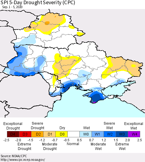 Ukraine, Moldova and Belarus SPI 5-Day Drought Severity (CPC) Thematic Map For 9/1/2020 - 9/5/2020