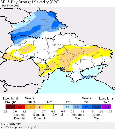 Ukraine, Moldova and Belarus SPI 5-Day Drought Severity (CPC) Thematic Map For 9/6/2020 - 9/10/2020