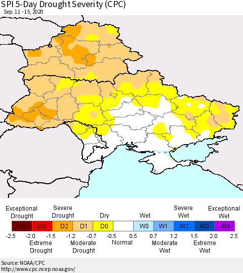 Ukraine, Moldova and Belarus SPI 5-Day Drought Severity (CPC) Thematic Map For 9/11/2020 - 9/15/2020