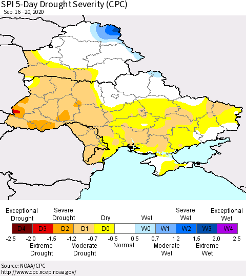 Ukraine, Moldova and Belarus SPI 5-Day Drought Severity (CPC) Thematic Map For 9/16/2020 - 9/20/2020