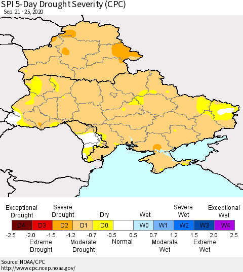 Ukraine, Moldova and Belarus SPI 5-Day Drought Severity (CPC) Thematic Map For 9/21/2020 - 9/25/2020