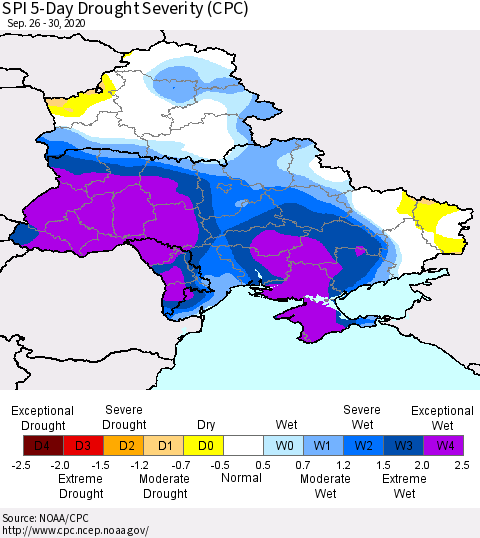 Ukraine, Moldova and Belarus SPI 5-Day Drought Severity (CPC) Thematic Map For 9/26/2020 - 9/30/2020