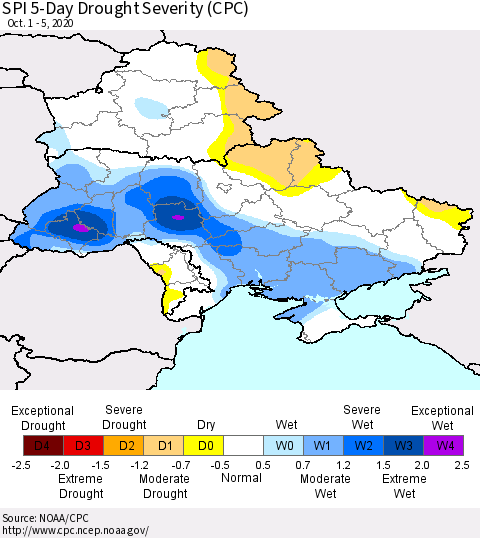 Ukraine, Moldova and Belarus SPI 5-Day Drought Severity (CPC) Thematic Map For 10/1/2020 - 10/5/2020