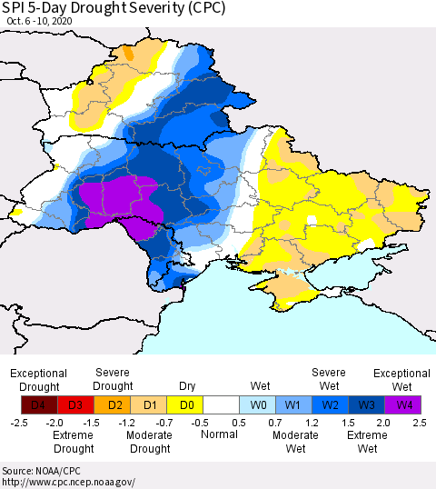 Ukraine, Moldova and Belarus SPI 5-Day Drought Severity (CPC) Thematic Map For 10/6/2020 - 10/10/2020