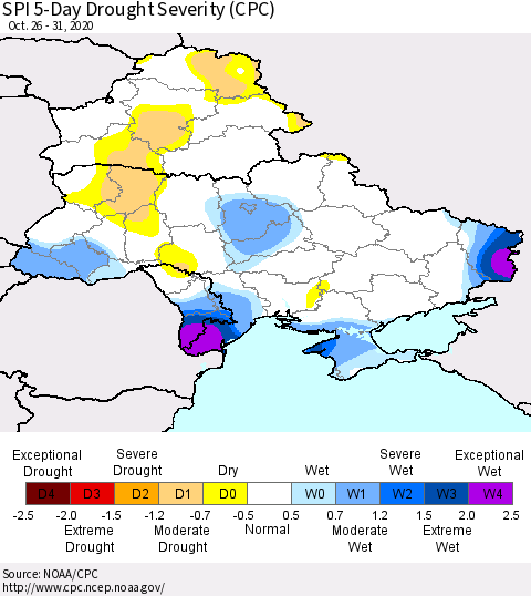 Ukraine, Moldova and Belarus SPI 5-Day Drought Severity (CPC) Thematic Map For 10/26/2020 - 10/31/2020