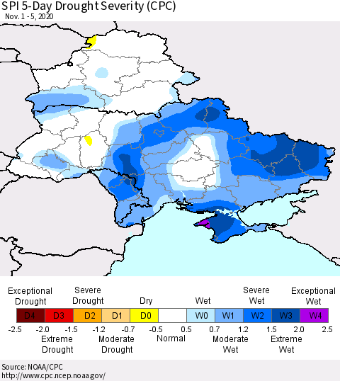 Ukraine, Moldova and Belarus SPI 5-Day Drought Severity (CPC) Thematic Map For 11/1/2020 - 11/5/2020