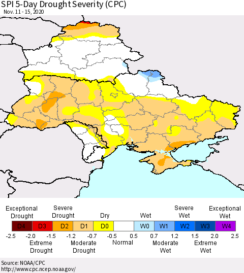 Ukraine, Moldova and Belarus SPI 5-Day Drought Severity (CPC) Thematic Map For 11/11/2020 - 11/15/2020