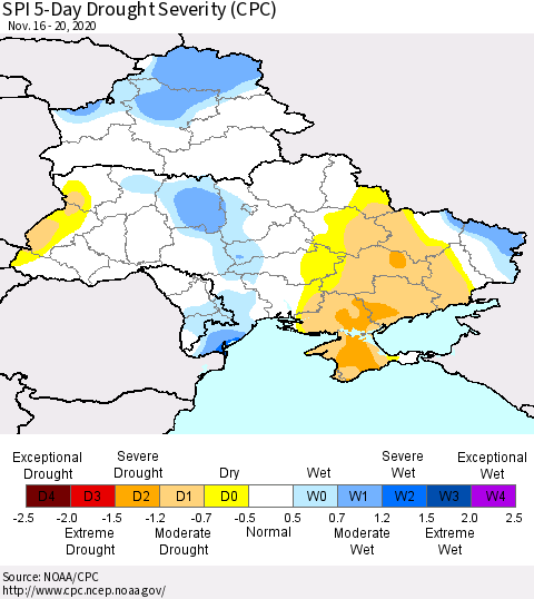 Ukraine, Moldova and Belarus SPI 5-Day Drought Severity (CPC) Thematic Map For 11/16/2020 - 11/20/2020
