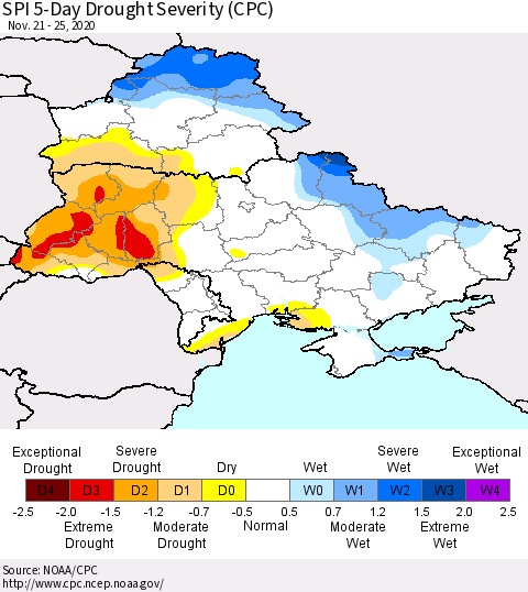 Ukraine, Moldova and Belarus SPI 5-Day Drought Severity (CPC) Thematic Map For 11/21/2020 - 11/25/2020