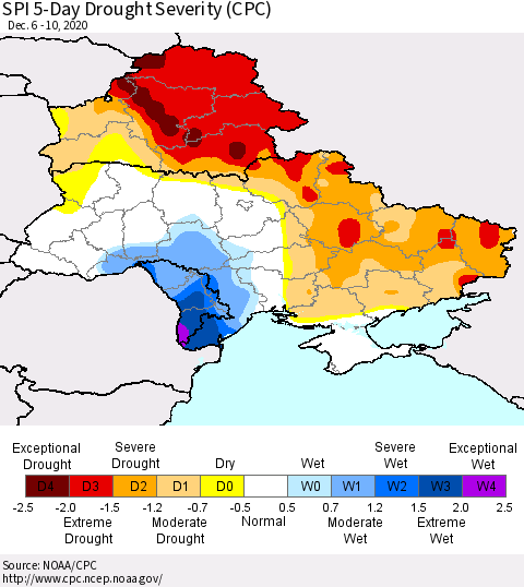 Ukraine, Moldova and Belarus SPI 5-Day Drought Severity (CPC) Thematic Map For 12/6/2020 - 12/10/2020