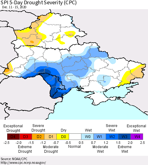 Ukraine, Moldova and Belarus SPI 5-Day Drought Severity (CPC) Thematic Map For 12/11/2020 - 12/15/2020