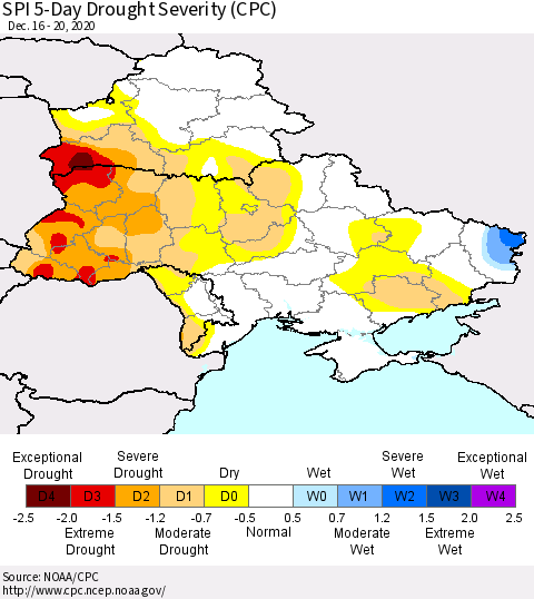 Ukraine, Moldova and Belarus SPI 5-Day Drought Severity (CPC) Thematic Map For 12/16/2020 - 12/20/2020