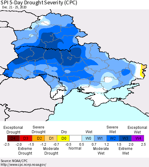 Ukraine, Moldova and Belarus SPI 5-Day Drought Severity (CPC) Thematic Map For 12/21/2020 - 12/25/2020
