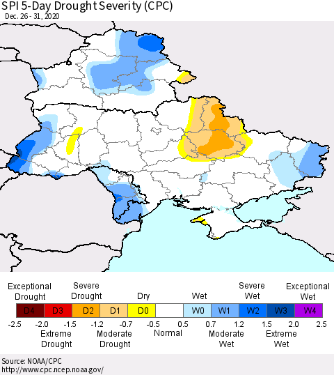 Ukraine, Moldova and Belarus SPI 5-Day Drought Severity (CPC) Thematic Map For 12/26/2020 - 12/31/2020