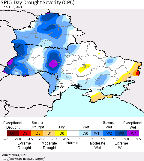 Ukraine, Moldova and Belarus SPI 5-Day Drought Severity (CPC) Thematic Map For 1/1/2021 - 1/5/2021